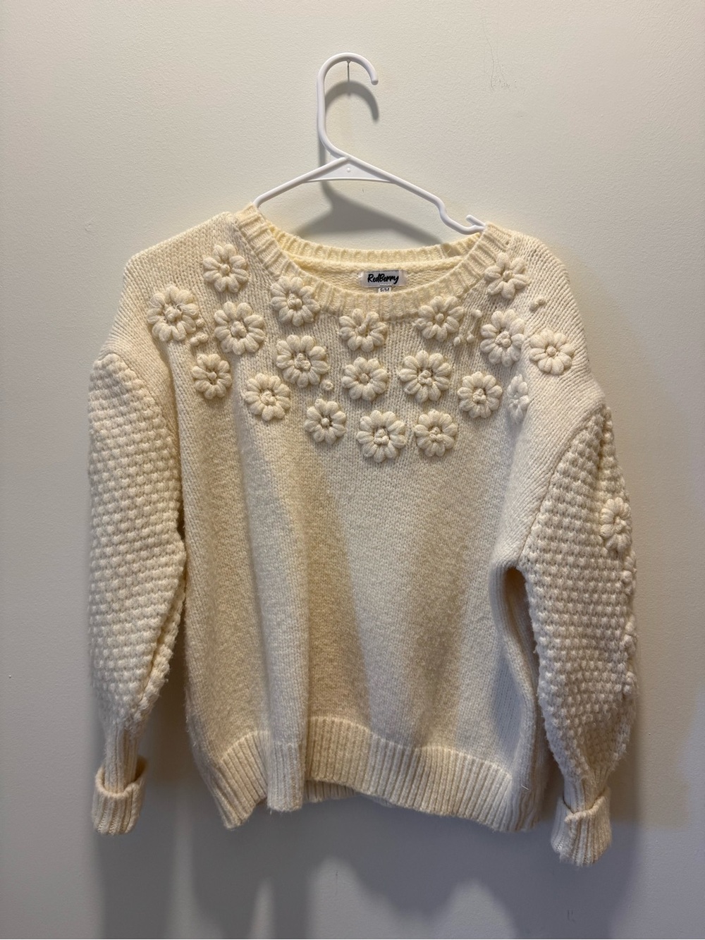 RedBerry Cream Knit Sweater with 3D Floral Appliques